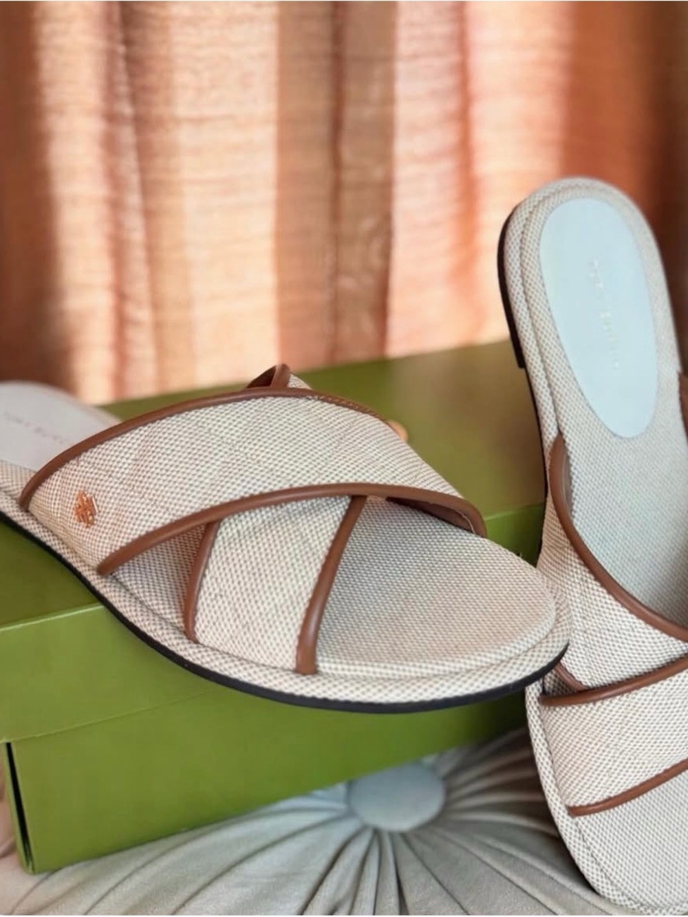 TORY BURCH Willa Criss Cross Flat Slide Sandals Natural Canvas Brown Leather